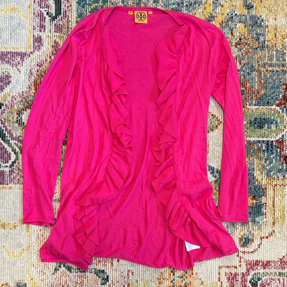 Tory Burch pink Ruffle Cardigan size small